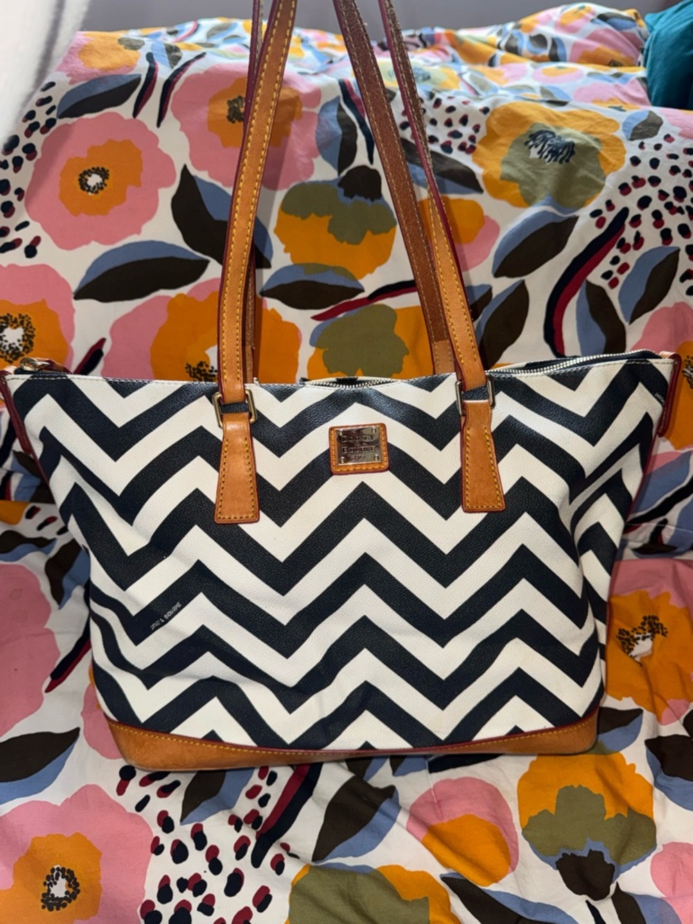 Dooney & Bourke Navy Chevron Stripe Tote Bag with Brown Leather Trim